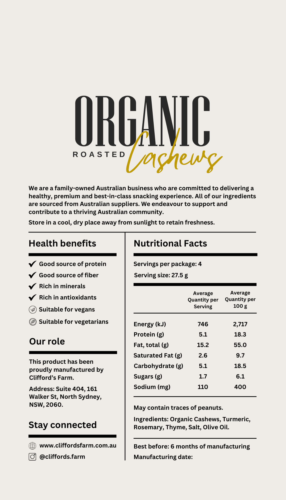 Organic Roasted Cashews - Rosemary's Golden Thyme